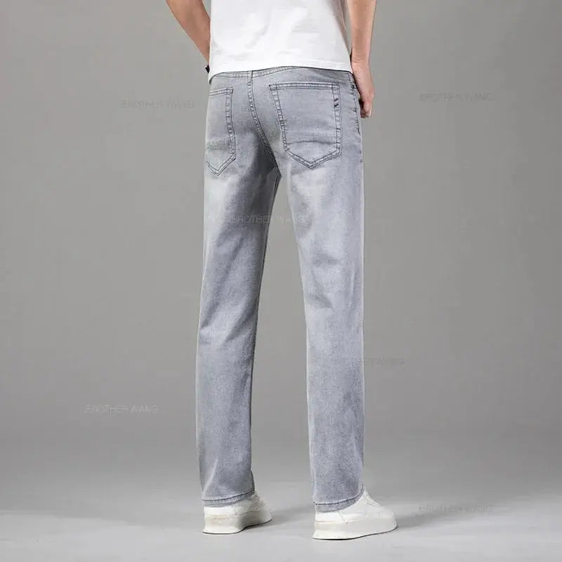Men's gray elastic cotton jeans by Simples Market, straight casual pants with back pockets