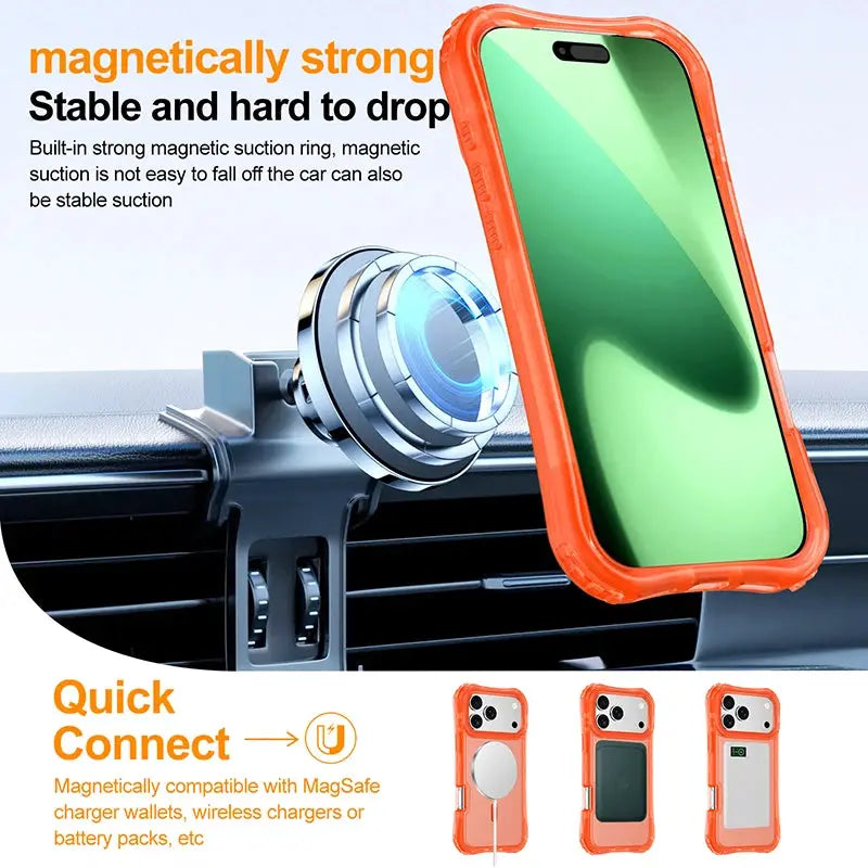 Armor 3IN1 PC+TPU magnetic charging clear case with orange bumper for iPhone, includes wrist strap
