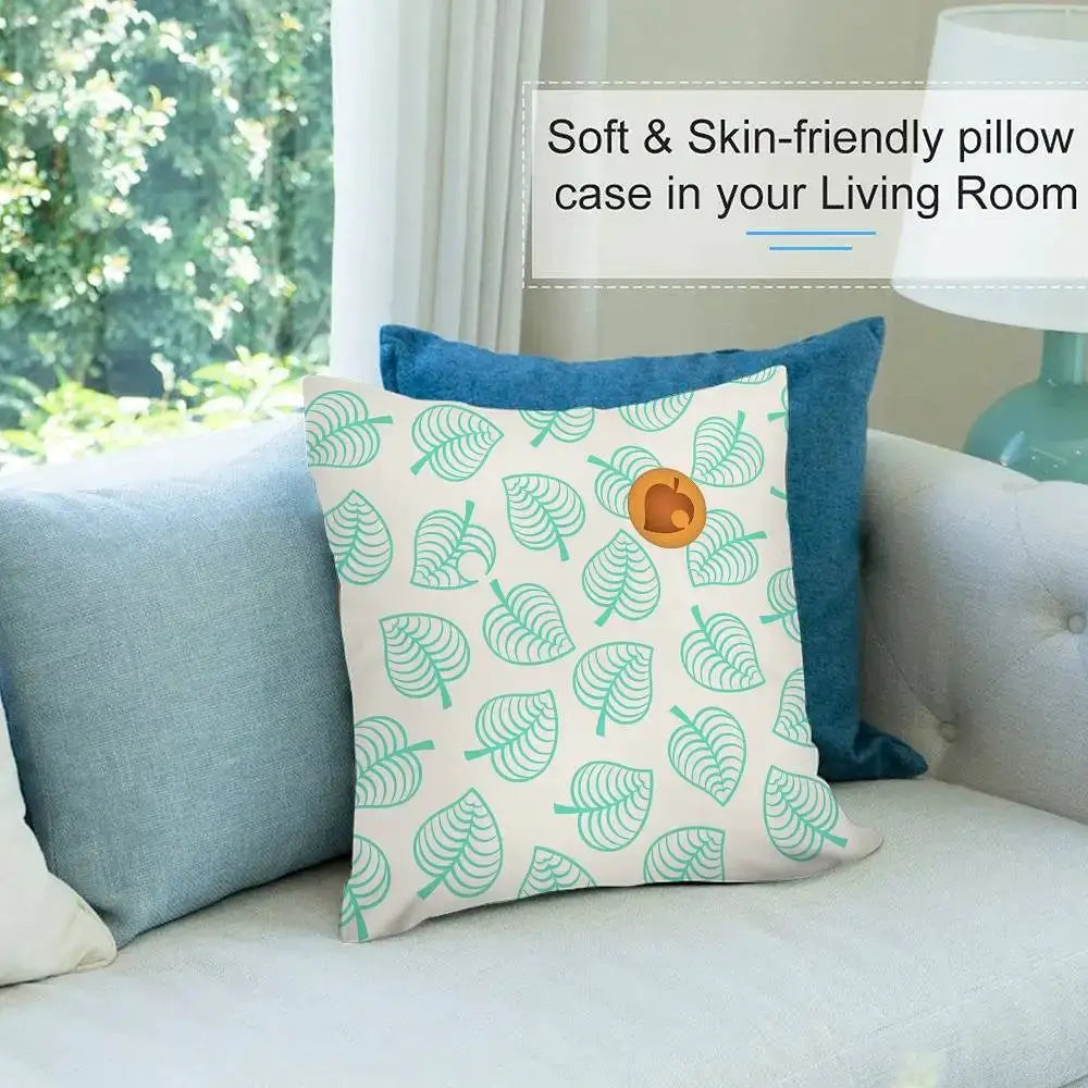 Pillow cover by Simples Market, square plush throw cushion with teal leaf pattern on ivory, double-sided print.
