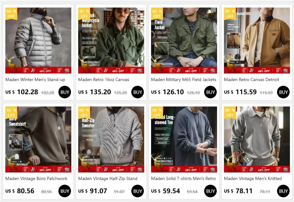 Maden Vintage men's casual wear product grid with 9 jackets and sweaters and sale badges.