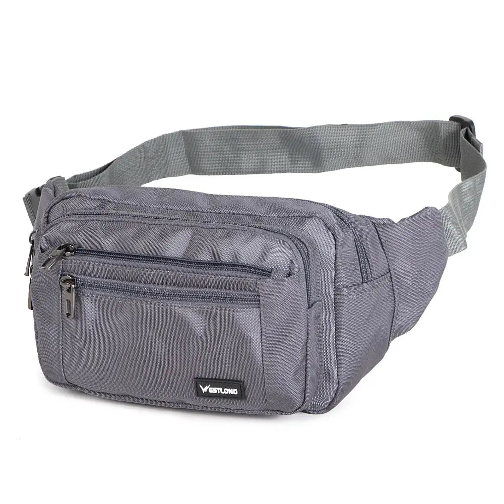 Westlong gray waist pack with multiple zip pockets and an adjustable strap.