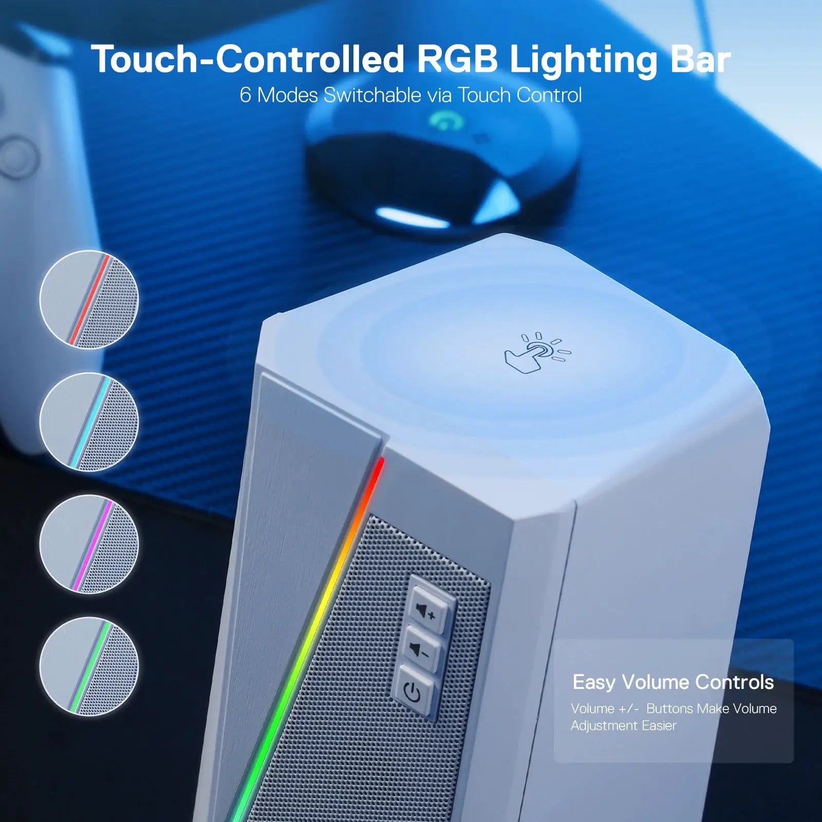 Redragon GS520 RGB desktop speakers, 2.0 PC stereo with touch-controlled RGB lighting bar, white/pink