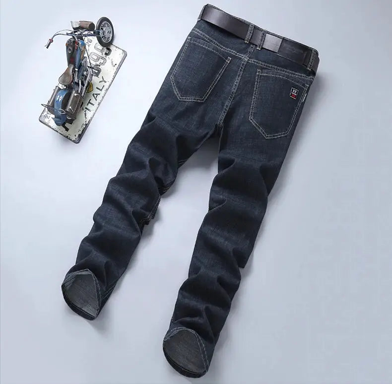 Men's elastic stretch denim jeans, dark blue cotton, Simples Market patch