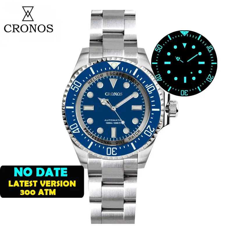 Cronos automatic diver watch with stainless steel bracelet, blue dial, 2000m water resistance
