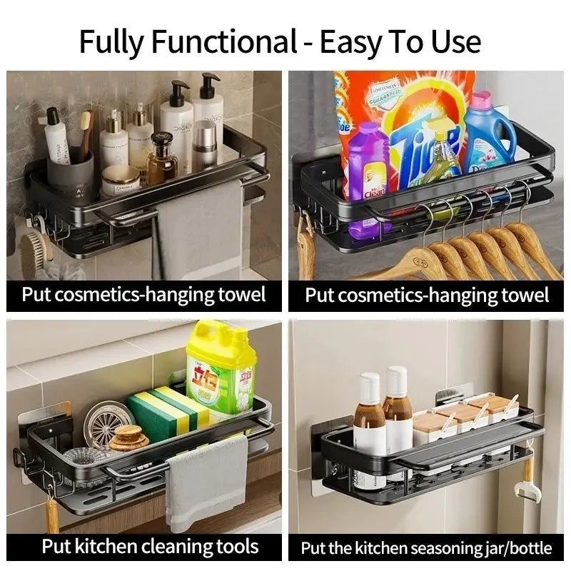 Black multi-functional kitchen shelf with drying rack and mop storage; no-drill wall-mount for spices and sink area
