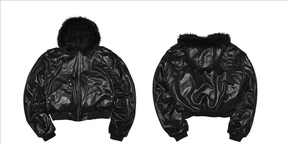 Black PU leather bomber jacket for men with faux fur hood, oversized cropped fit; front and back views.