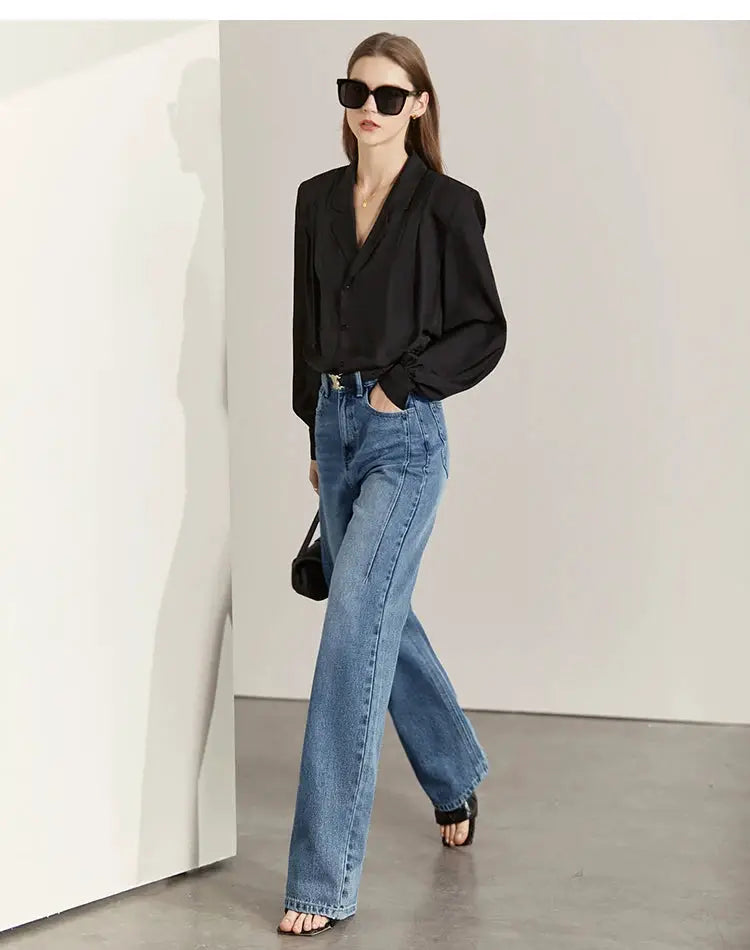 Amii Minimalism Vintage Denim Jeans Women Loose Wide Leg Autumn Pants