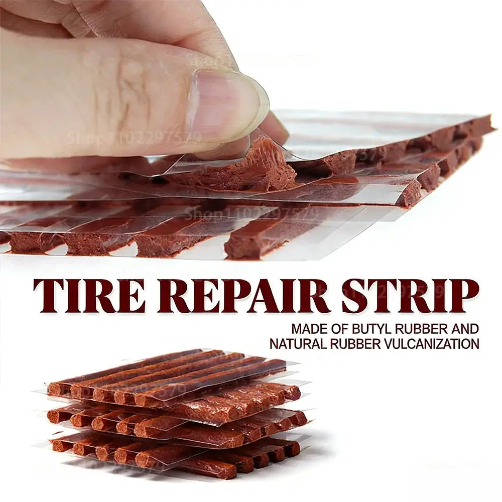 Tire repair strip set with red-brown rubber strips in clear packaging