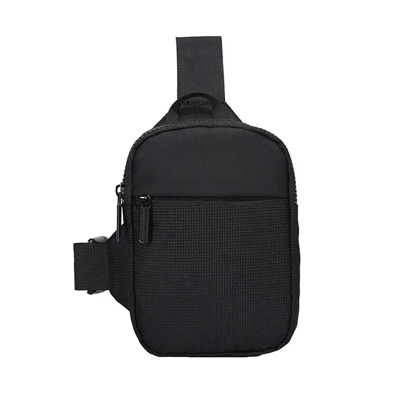 Mini chest bag, black nylon sling crossbody with front zip pocket for outdoor travel.