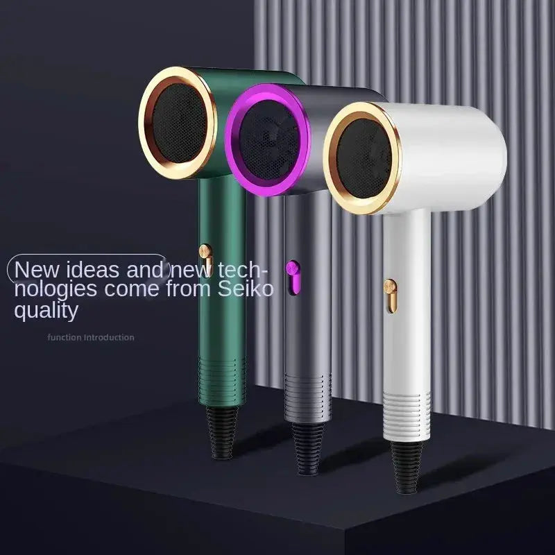 Three Simples Market 2000W salon hair dryers in green, purple and white with gold nozzle rings.