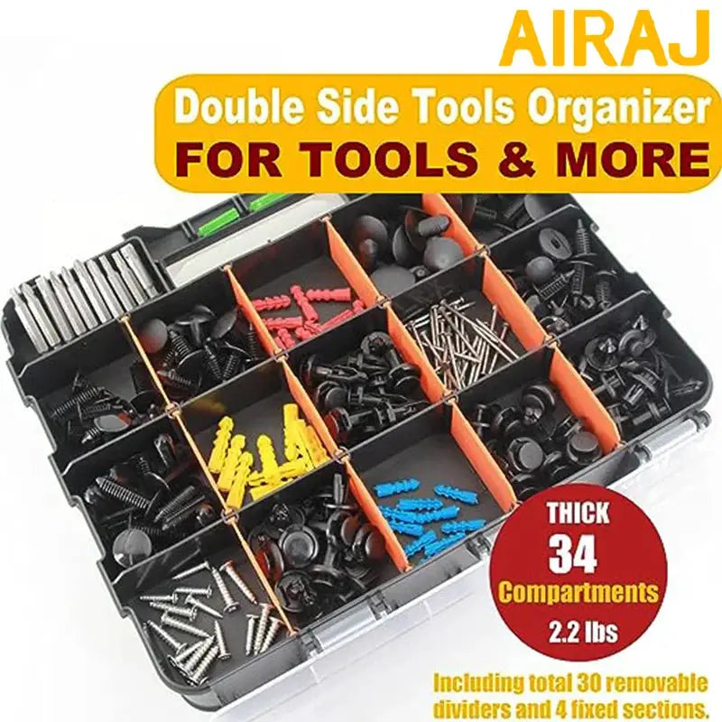 AIRAJ 34-compartment double-side parts organizer with removable dividers, black case with orange dividers.