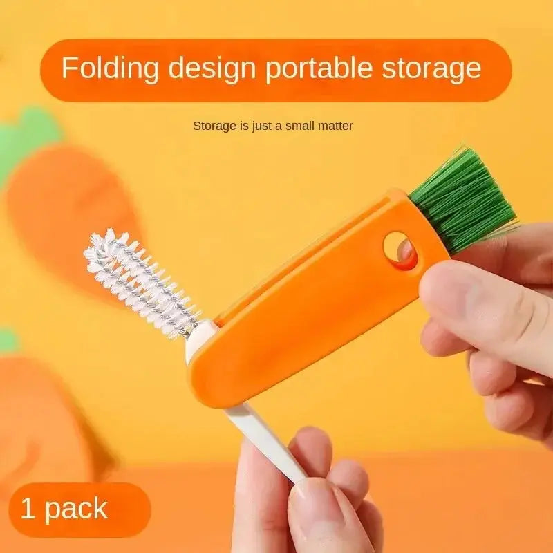 Orange handheld bottle-cap cleaning brush with green bristle head and attached straw-cleaning tool, 1 pack