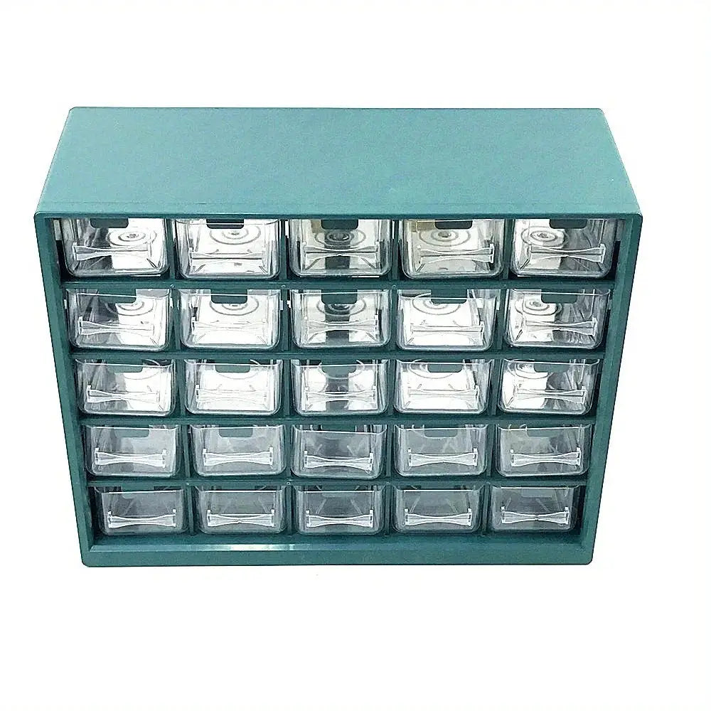 Simples Market 25-compartment wall-mounted drawer box in teal with clear plastic drawers