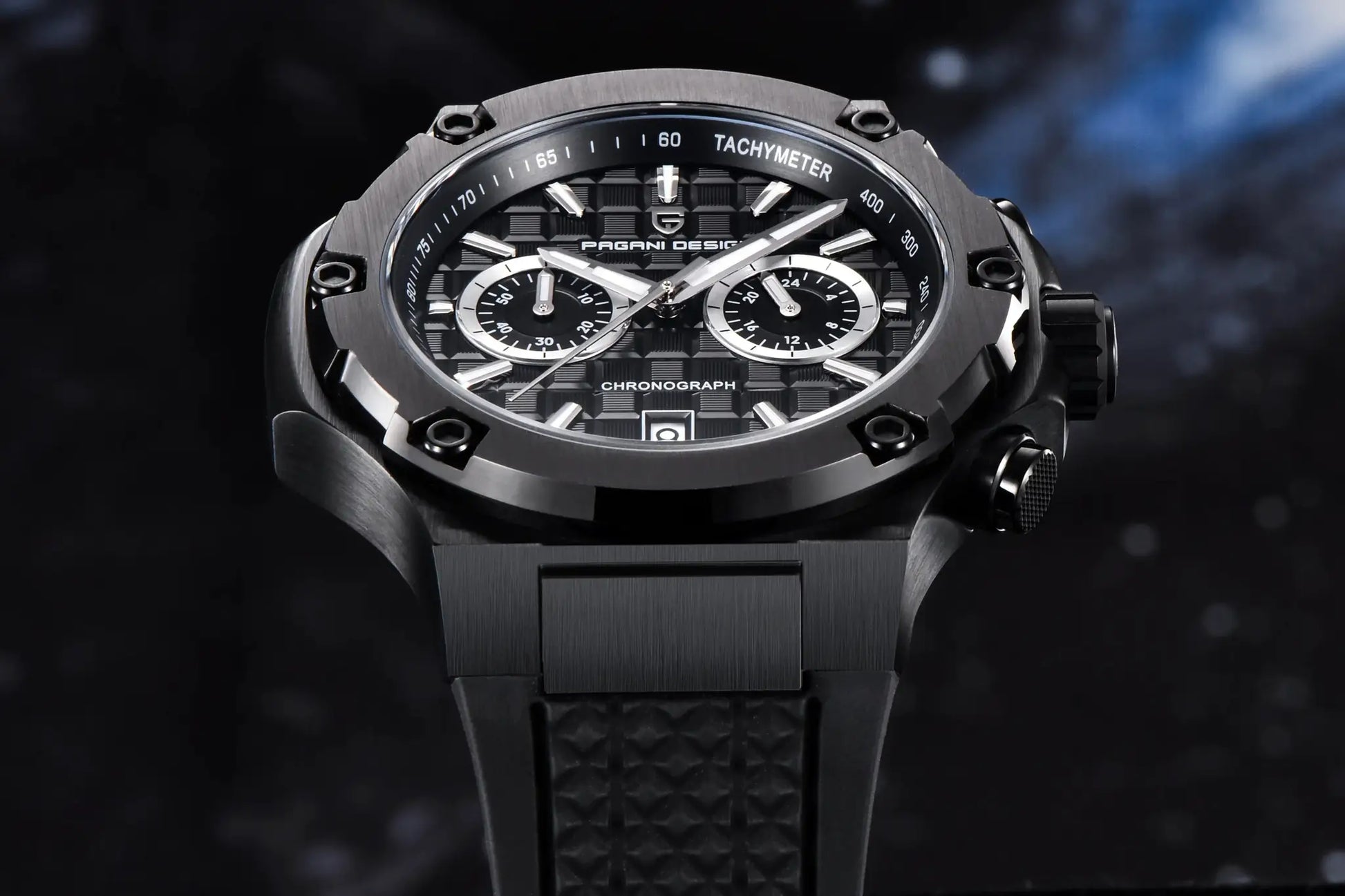 Pagani Design men's chronograph watch with black fluororubber strap and silver subdials