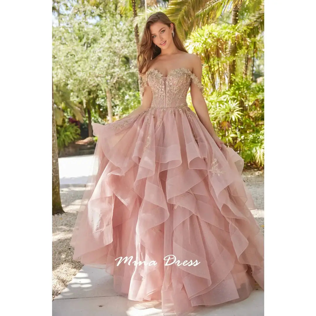 Mina Removable Shoulder Strap Evening Gown Backless Lace Applique Prom