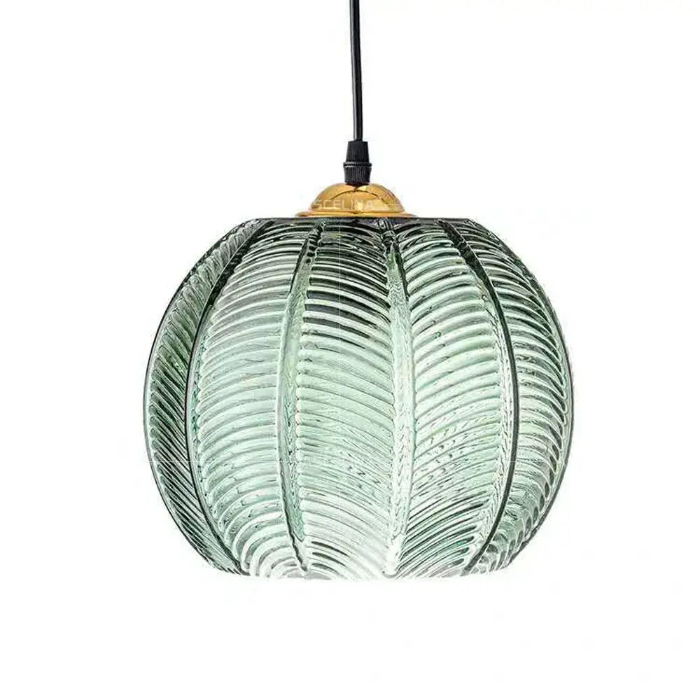 Simples Market Nordic glass pendant light with green leaf-pattern ribbed sphere.