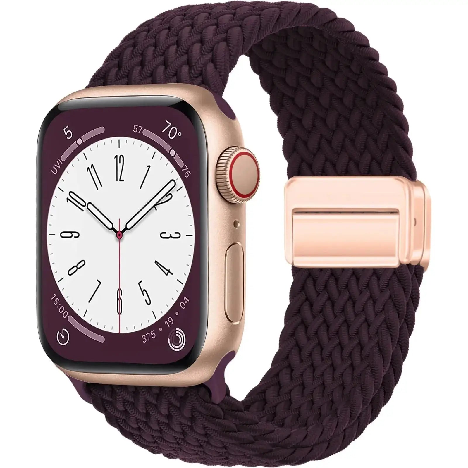 Simples Market braided Apple Watch band, burgundy woven strap with rose-gold magnetic clasp, fits 38–49mm.