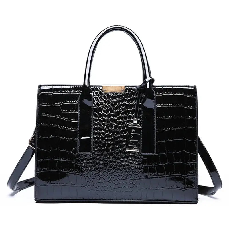 Simples Market crocodile-pattern black PU leather handbag with top handles and detachable shoulder strap