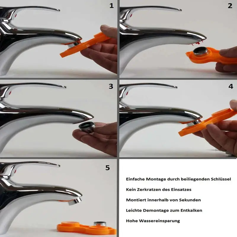 Simples Market brass faucet aerator with replaceable filter and 24mm thread shown in a 5-step assembly montage.