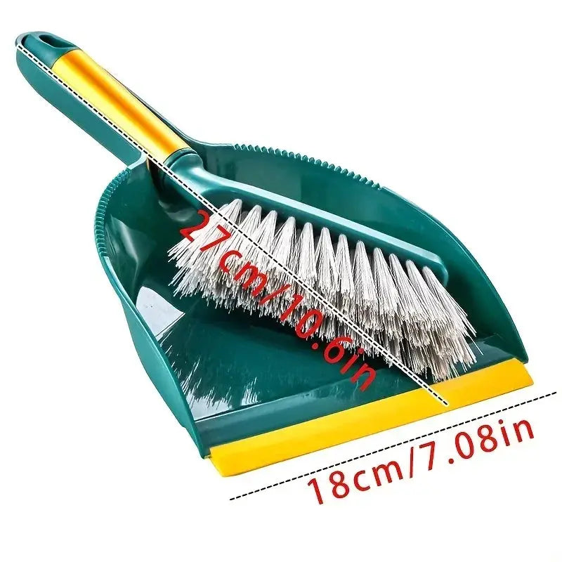 Desktop broom set with compact plastic dustpan and brush in teal and yellow, easy to store