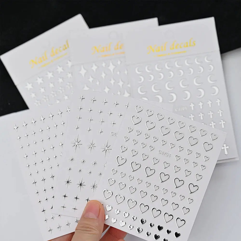 Nail sticker sheets, 6 silver metal decals with stars, moons, crosses and hearts for self-adhesive nail art