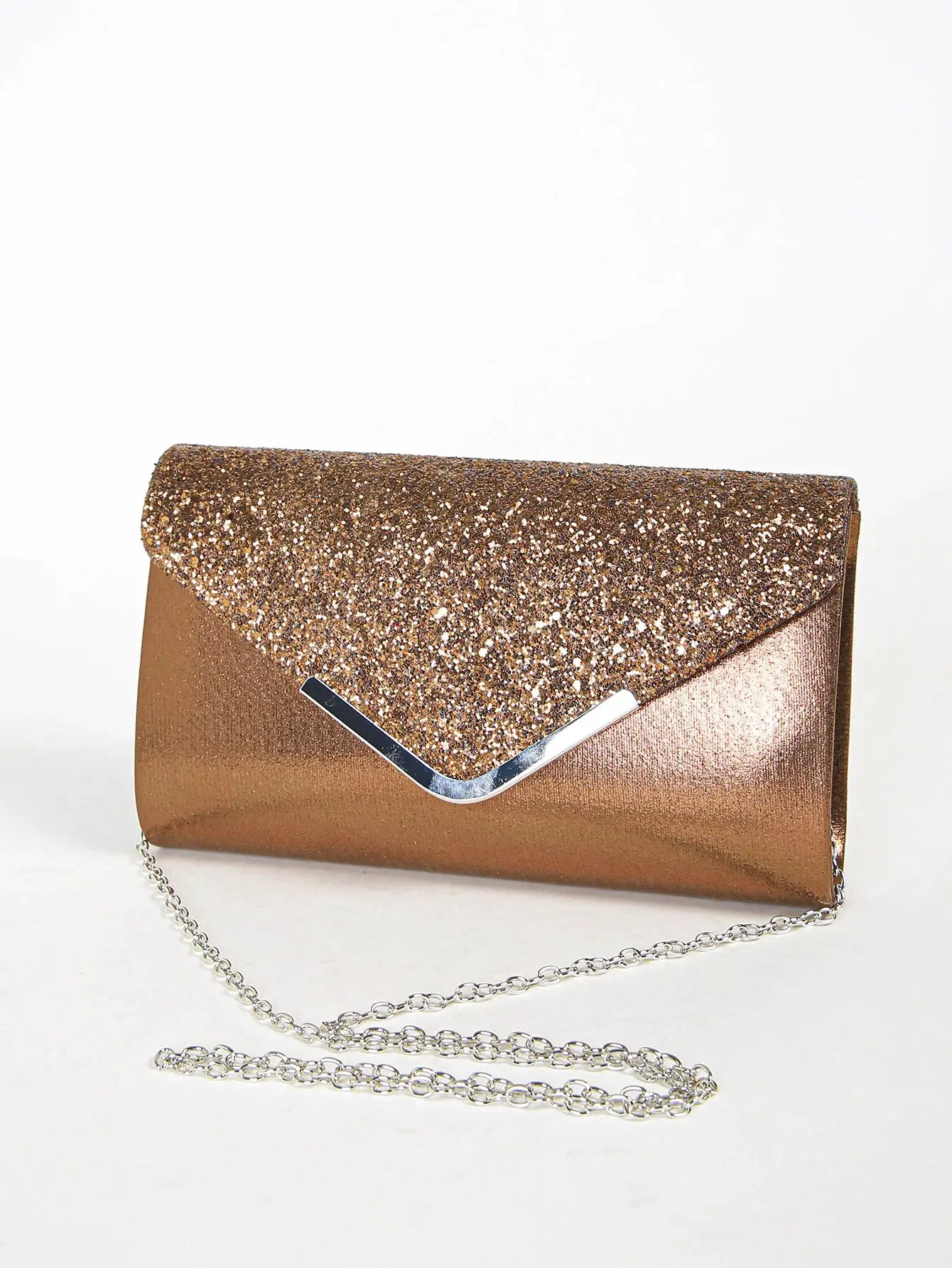 Women evening envelope sequin clutch with bronze body, silver V clasp, chain strap