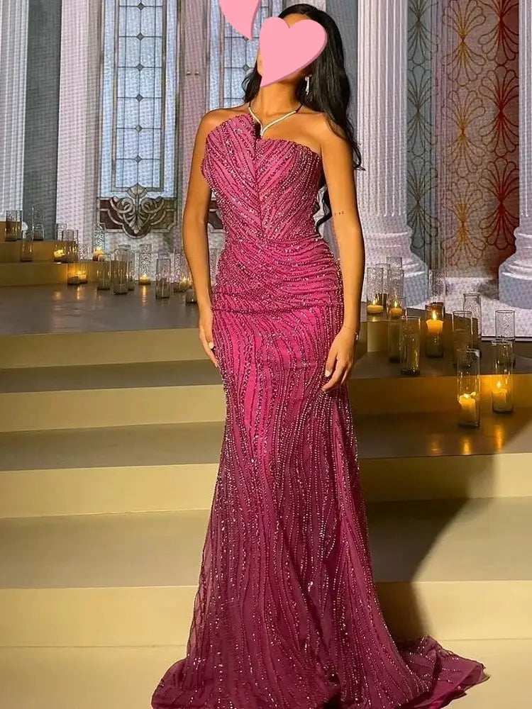 Elegant Vintage Pink Mermaid Evening Dress Beaded Lace Long Gown