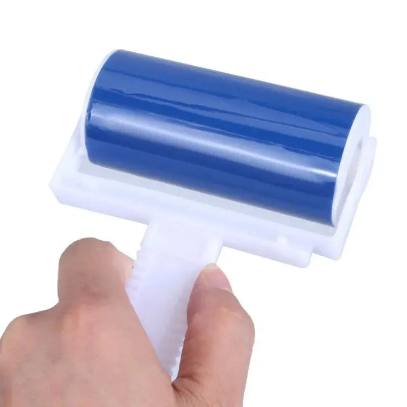 Drum Roll sticky hair removal cleaning brush with blue roller and white handle