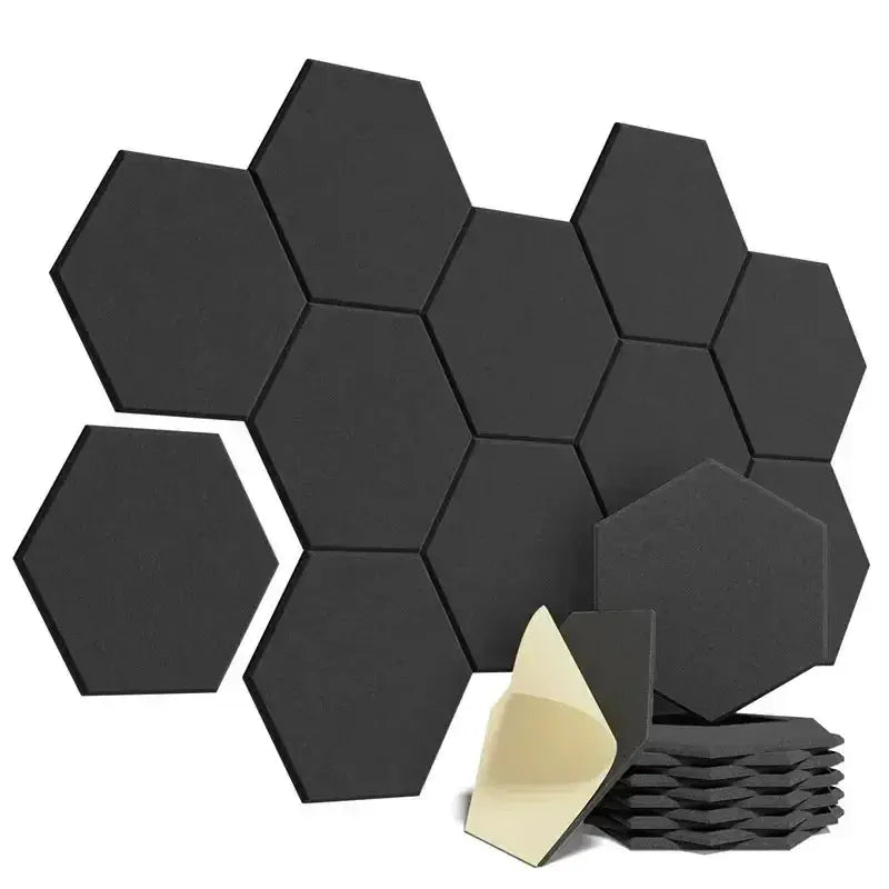 Hexagonal self-adhesive sound-insulation foam panels, 12 black pieces, Simples Market.