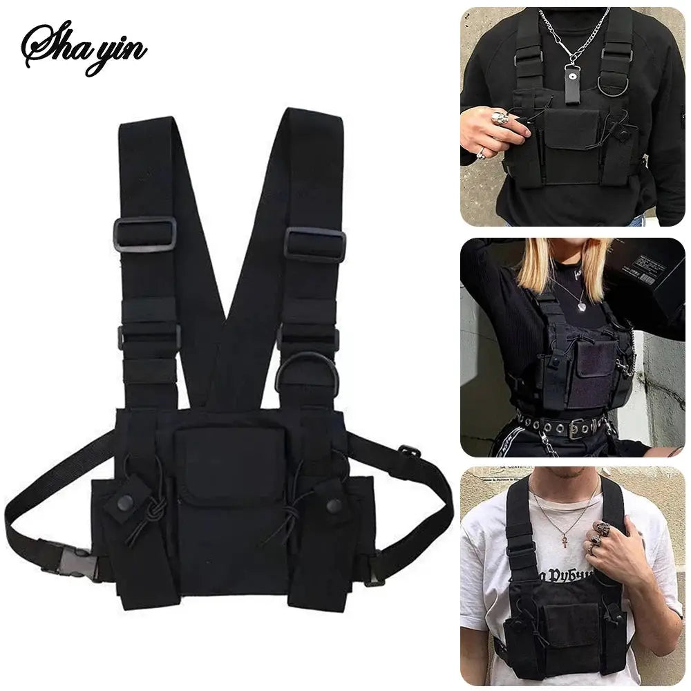 Black tactical chest rig bag with multiple pockets and adjustable straps.