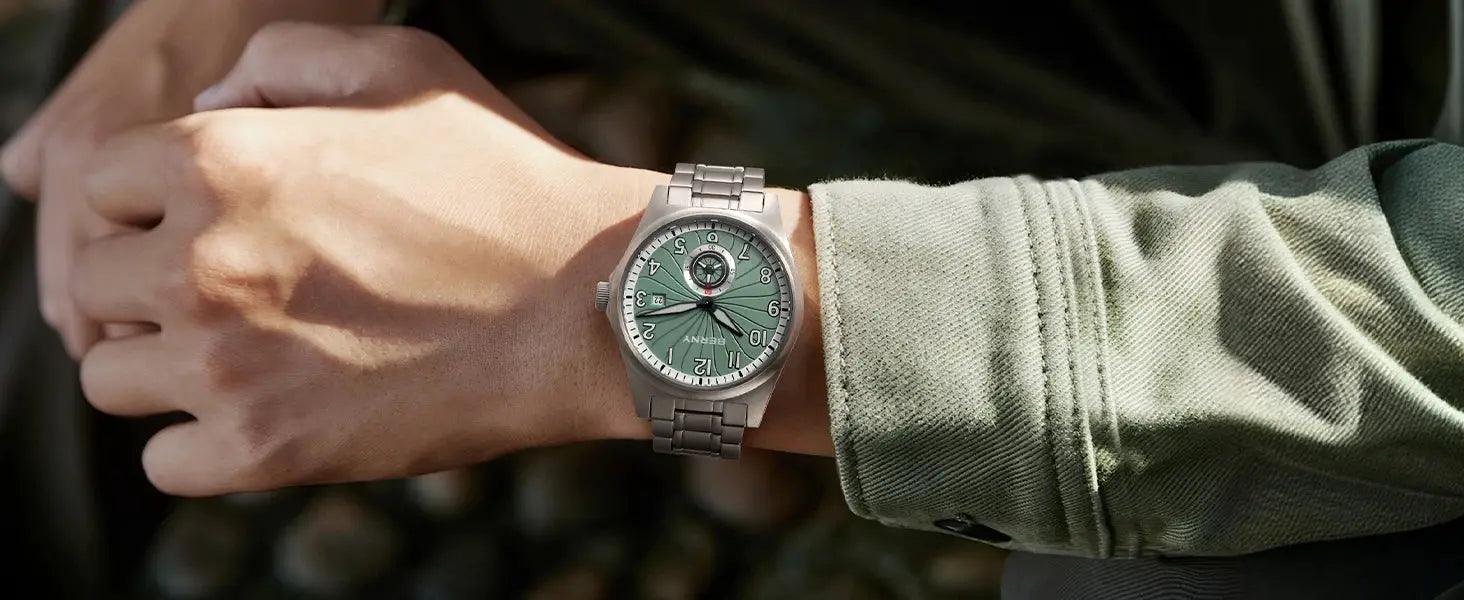 BERNY titanium automatic men's wristwatch on metal bracelet with green dial