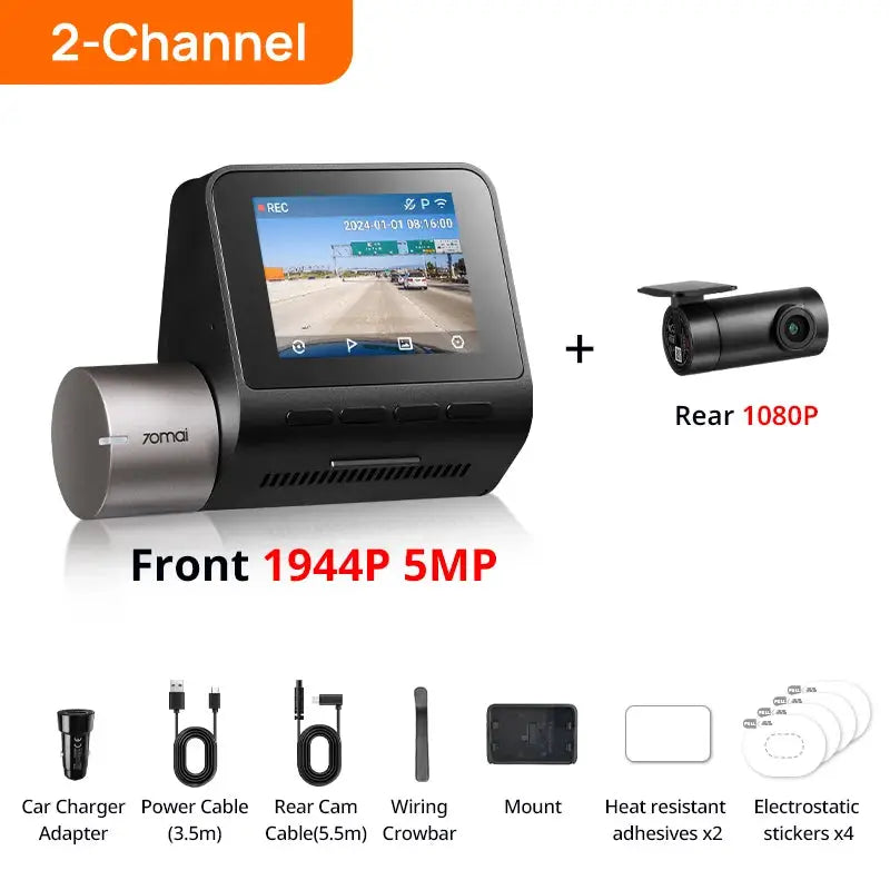 70mai Dash Cam A510 2-Channel front 1944P 5MP, rear 1080P, Simples Market with cables, mount, adhesives, stickers