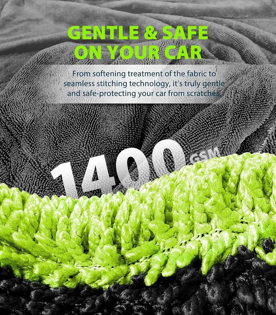 Car drying towel 1400GSM, oversized 60x120 cm, lime green and gray, double-sided cleaning cloth