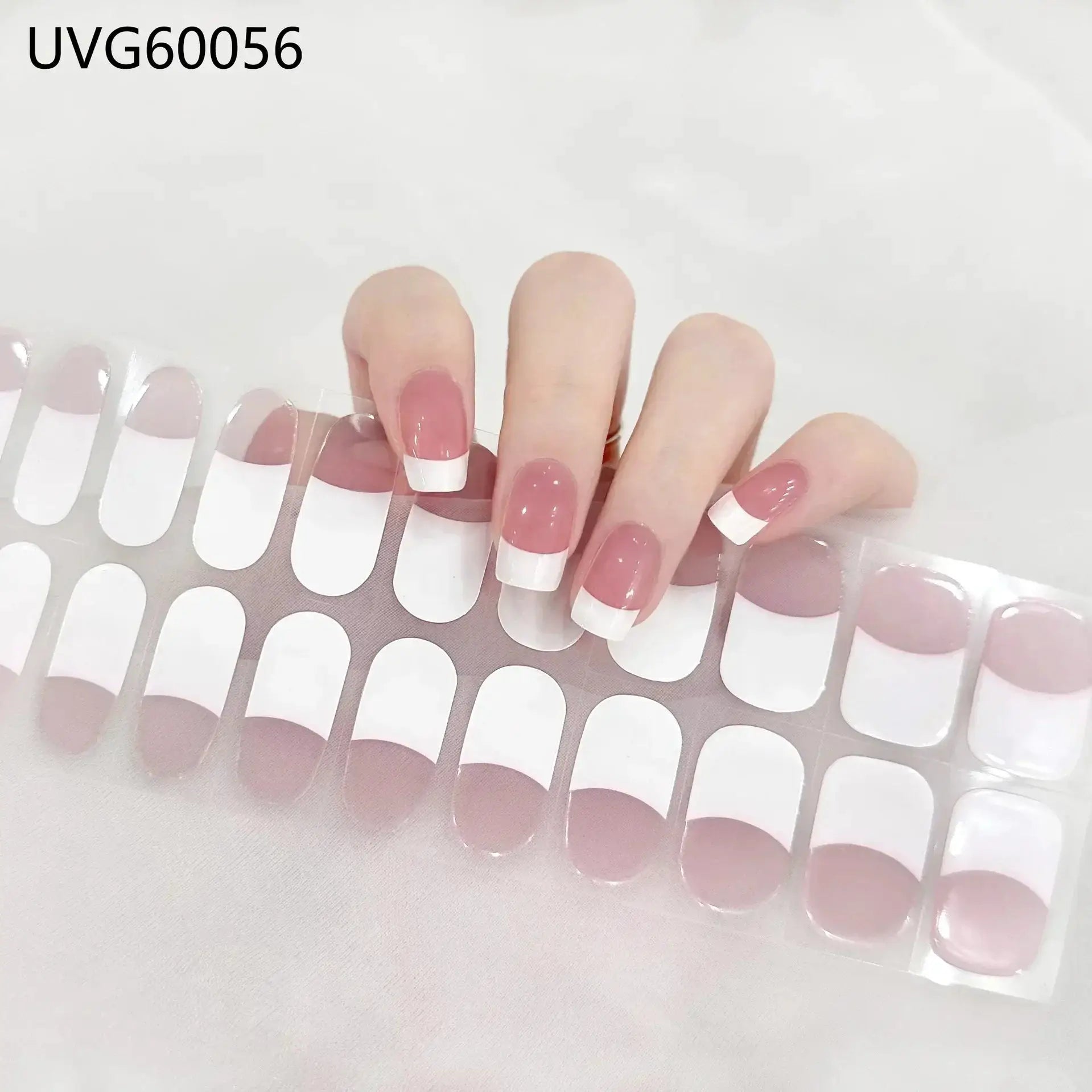 Gel nail wrap strips set by Simples Market; pink base with white French-tip, full-coverage, UV lamp compatible