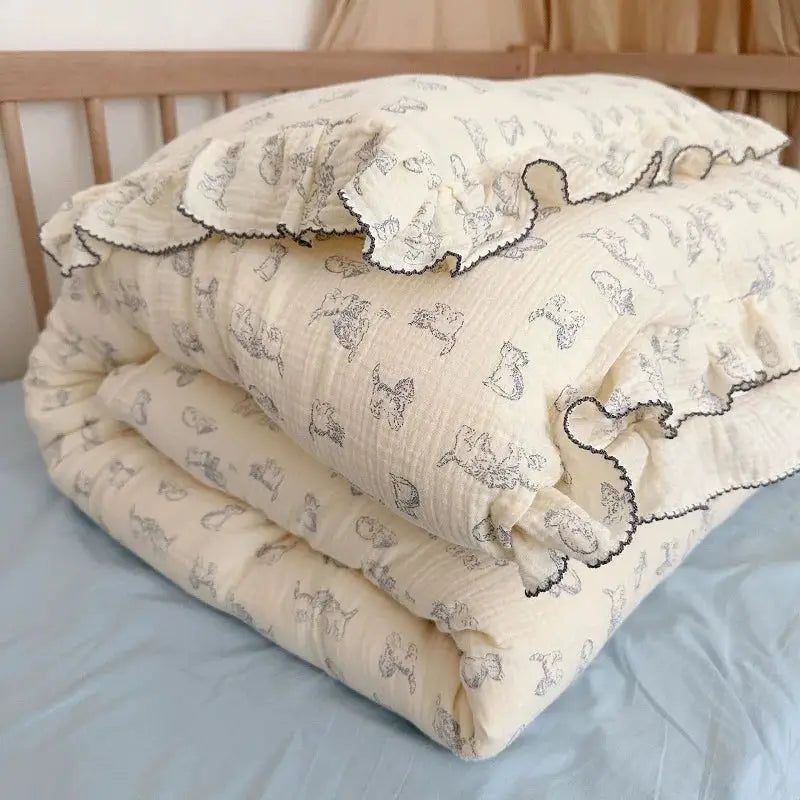 Simples Market INS Princess 3-piece gauze cotton bedding set with ruffle edges in cream with blue floral prints
