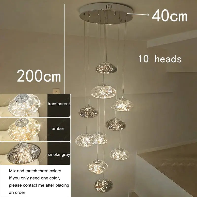 Simples Market modern glass pendant chandelier with 10 clear glass shades on adjustable cables from a round ceiling mount