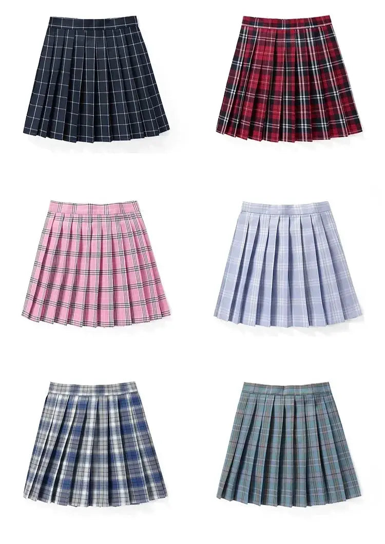 Women's plaid pleated mini skirts in six colors: navy, red, pink, light blue, blue plaid, green plaid; Simples Market.