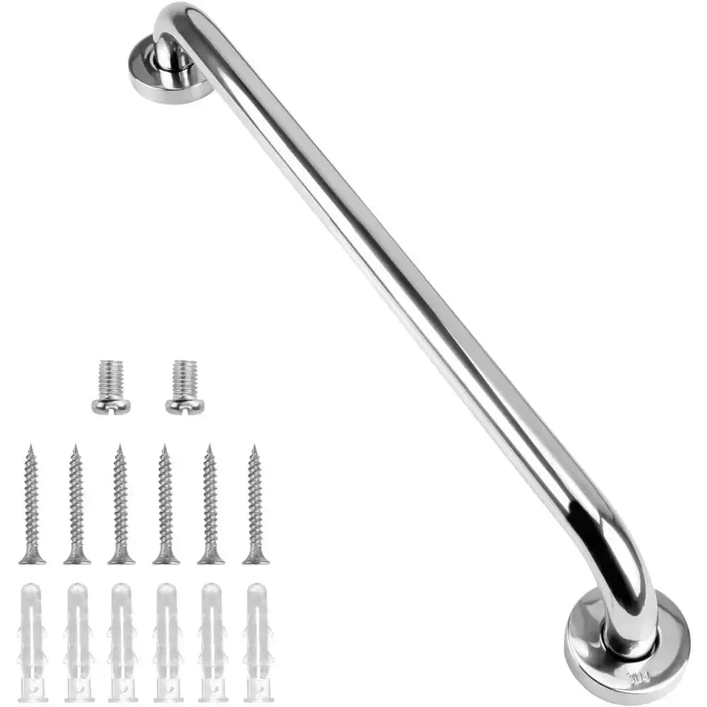 Stainless steel anti-slip shower safety grab bar with mounting screws and plastic wall anchors.