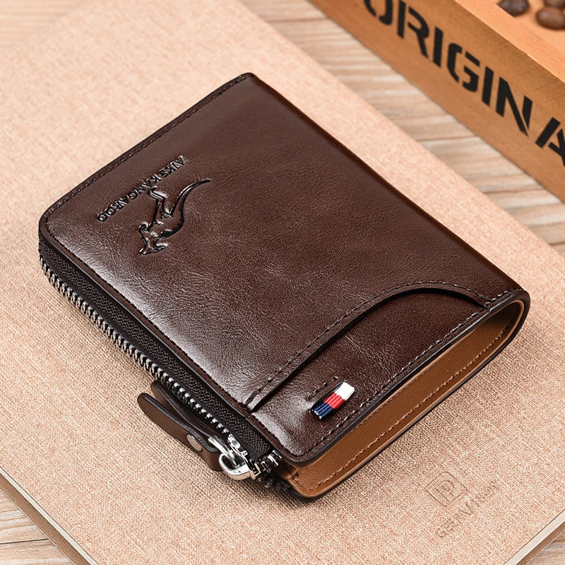 Simples Market leather zippered men's wallet with RFID protection and card holder, brown