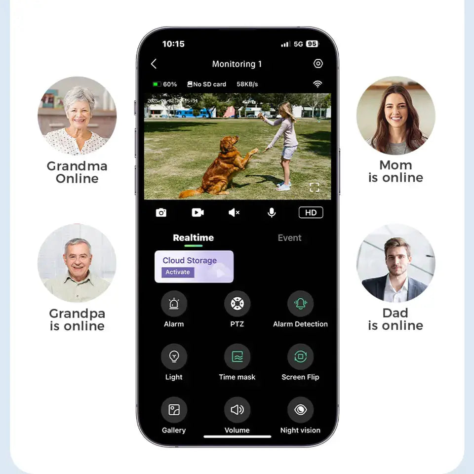 XVIM solar security camera app interface on smartphone showing real-time monitoring and 4 online family icons
