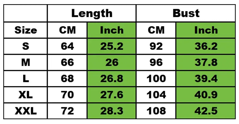 Simples Market men's gym T-shirt size chart showing length and bust (cm/inches) for S to XXXL
