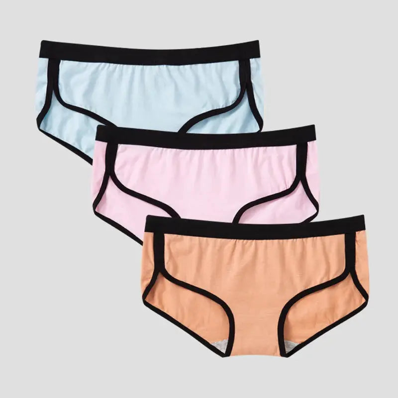 3-pack BANNIROU women's cotton briefs in blue, pink, and peach with black trim by Simples Market