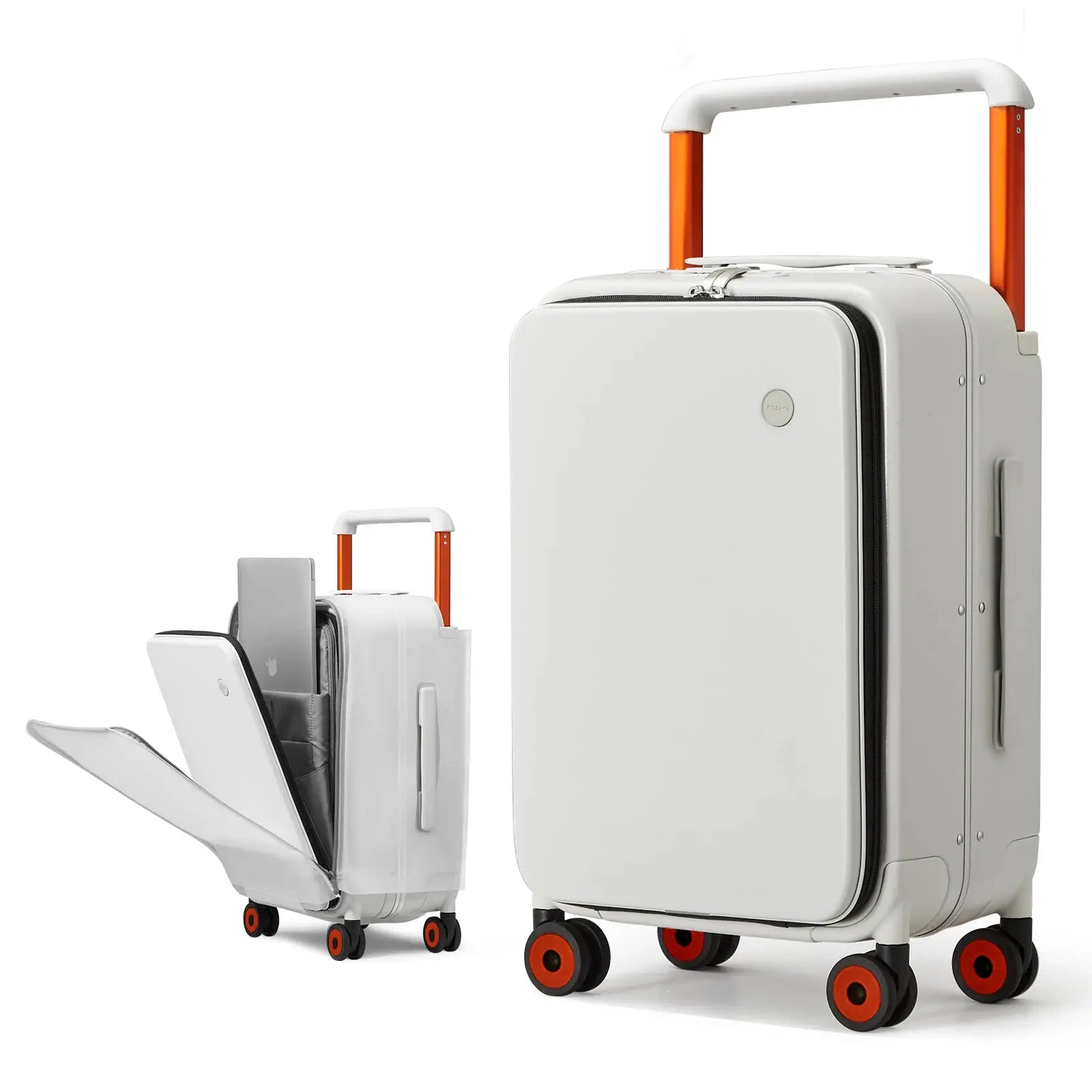 Mixi New Design Wide-Handle Suitcase set; white 20-inch cabin case with orange handle and wheels, plus a small carry-on.