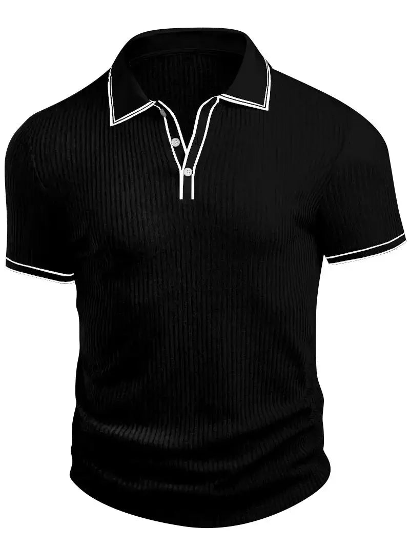 Men's black polo shirt with short sleeves and white piping on the collar and placket