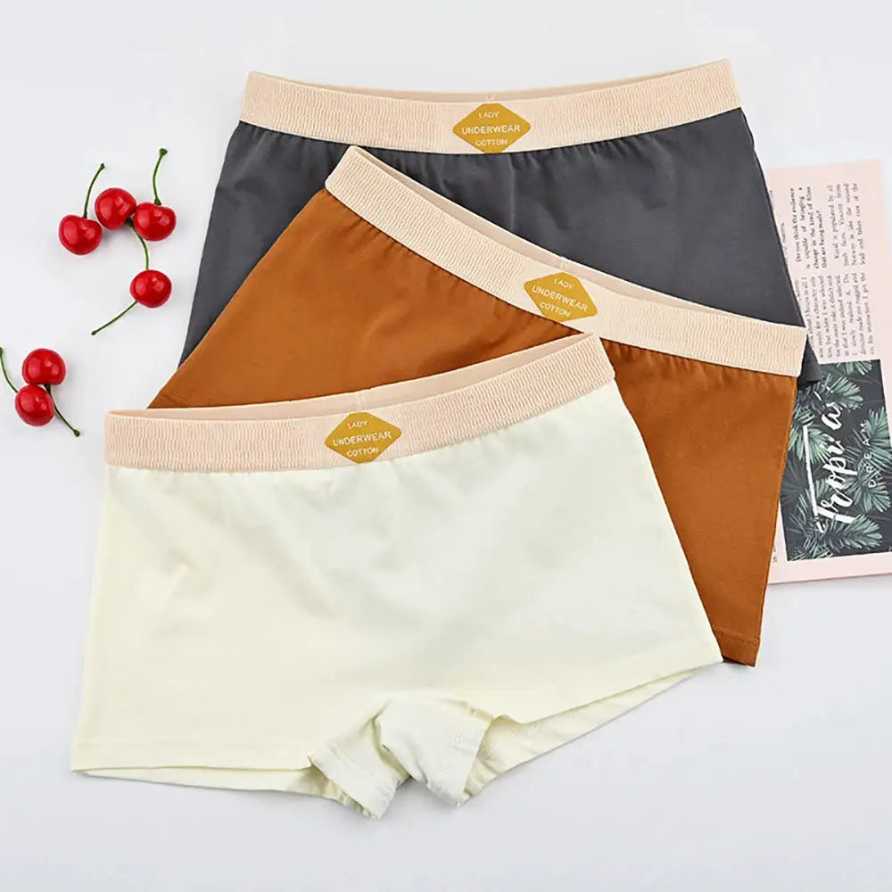 3-pack women's cotton mid-rise boxer shorts with beige waistband in cream, tan and gray Simples Market