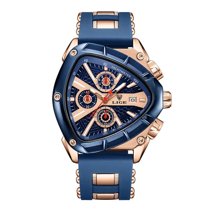 LIGE men's luxury chronograph watch with blue rose-gold case, large dial, tachymeter, date window, and blue strap