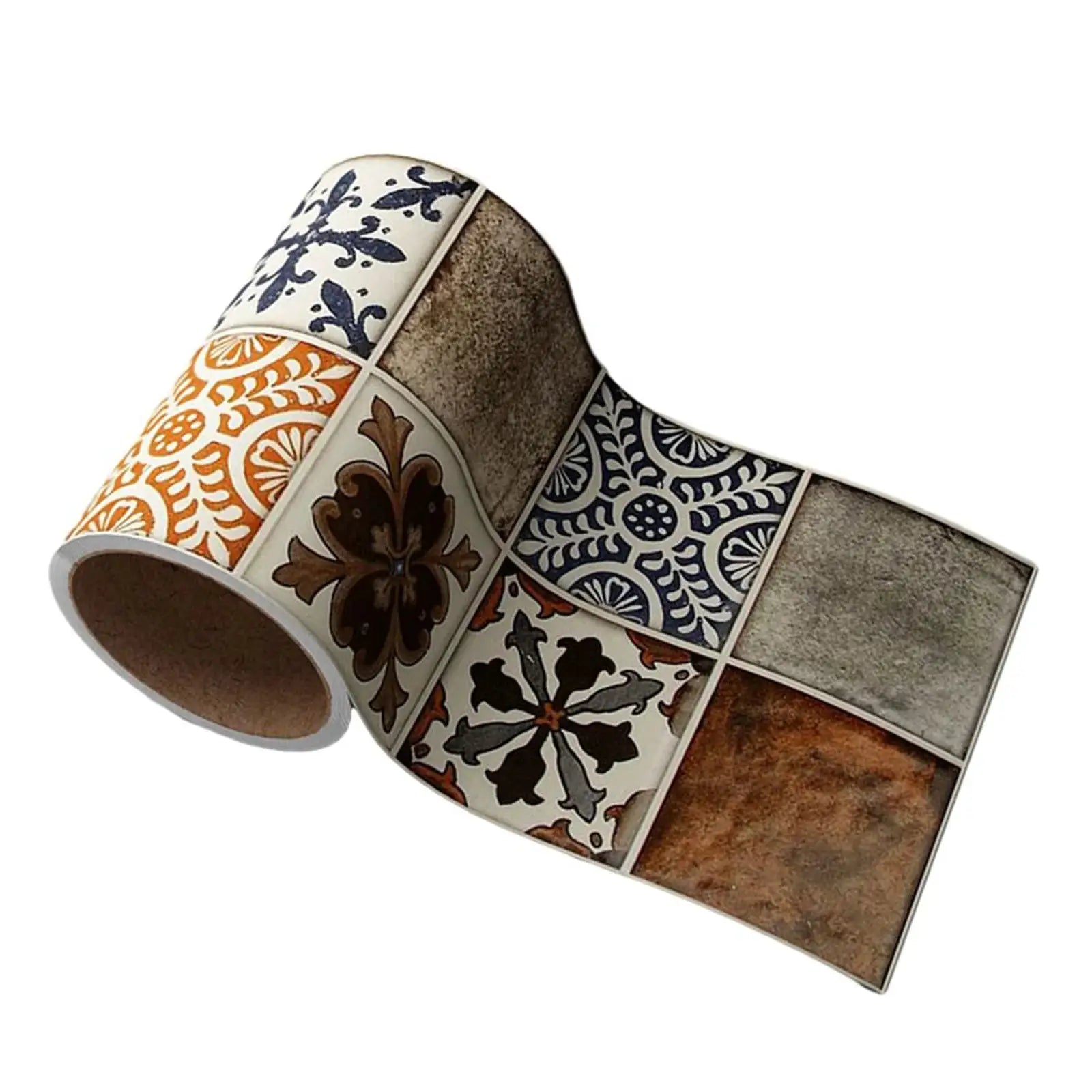 Self-adhesive wall decorative strip roll by Simples Market with orange, blue and brown patterned tiles