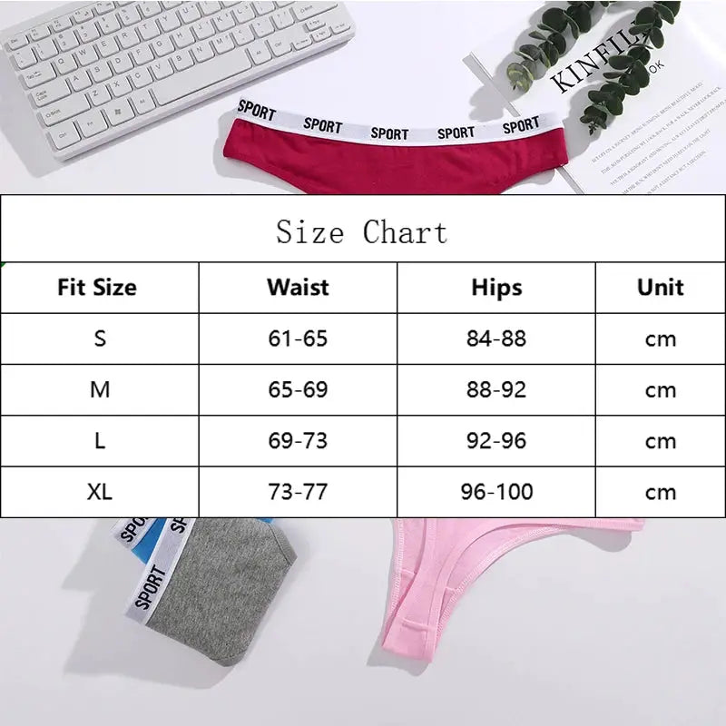FINETOO 4-piece women's cotton thong set in red, gray, and pink with SPORT waistband; size chart visible