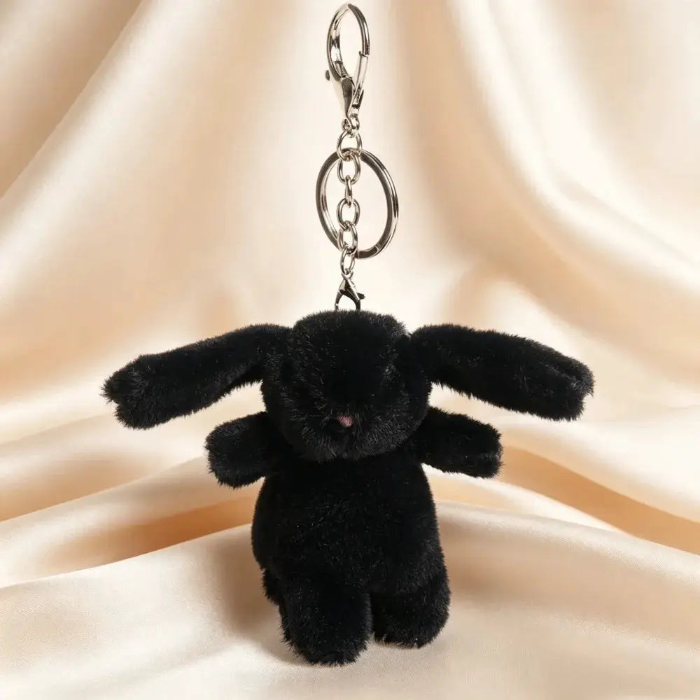 Cute black plush bunny keychain with a silver chain, perfect for bags, keys, and phones