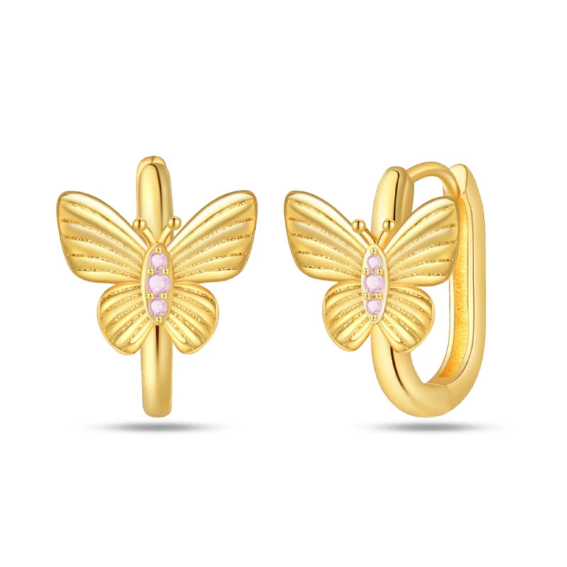 Gold-tone butterfly hoop earrings with pink stones, pair for women